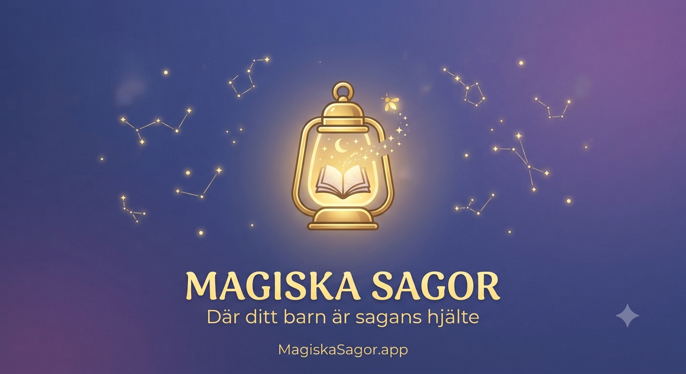Magiska Sagor – gyllene lykta med en uppslagen sagobok under en stjärnhimmel